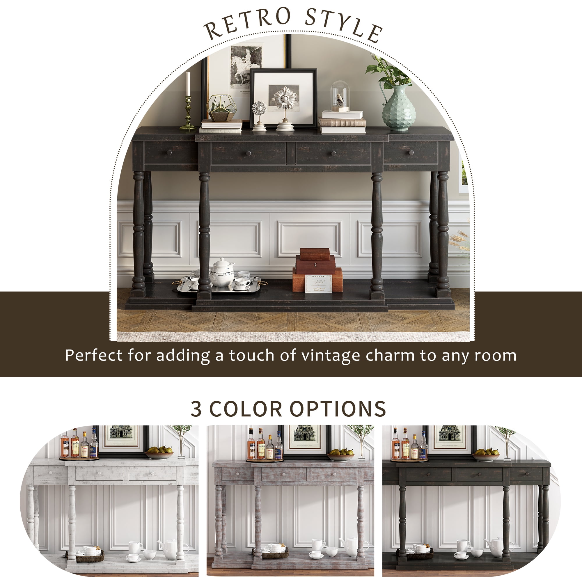 EUROCO 63" Longer  Console Table Sofa Table for Entryway with 4 Drawers and Storage Shelf for Living Room Hallway Foyer Office, Antique Black
