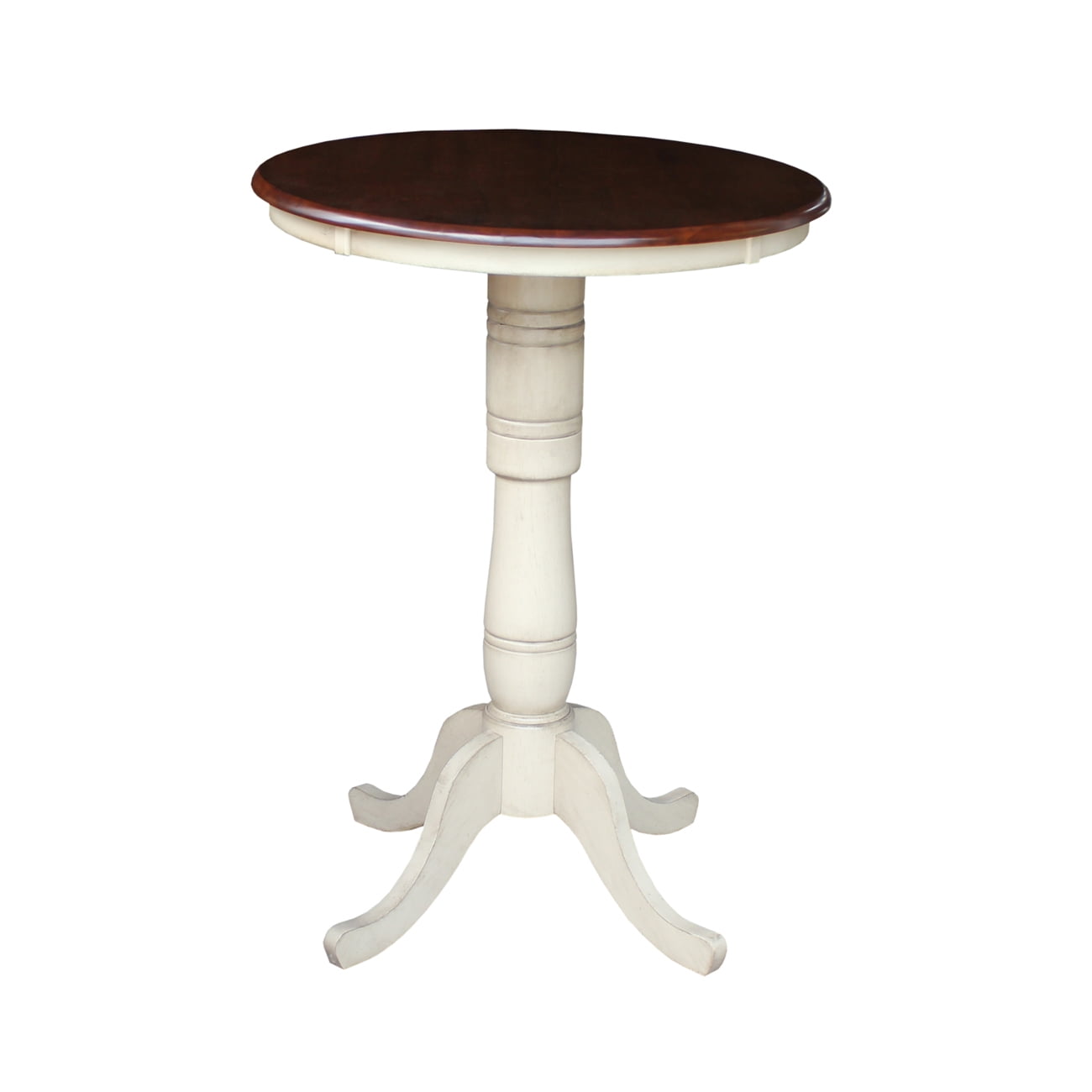 30" Round Top Pedestal Bar Height Table, 40.9"H in Antiqued Almond/Espresso