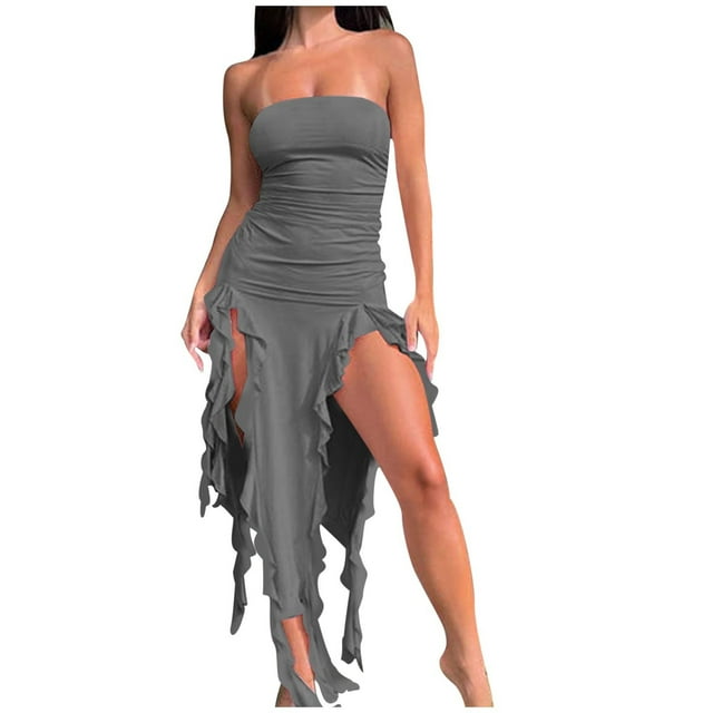 Staron Summer Dresses for Women Elegant Strapless High Split Dress Evening Party Cocktail Irregular Ruffle Off Shoulder Tube Midi Bodycon Formal Dresses Dark Gray S