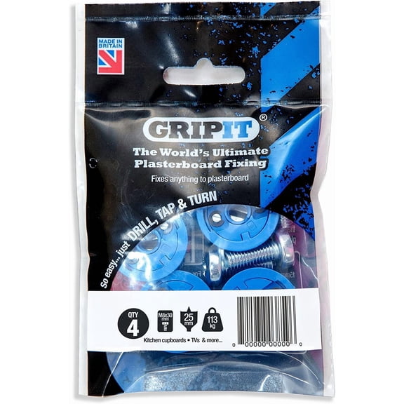 GripIt Blue 25mm Plasterboard Fixings for Stud Walls - Max Load 113Kg (4 Pack) 8x10/16x20, 4 pack