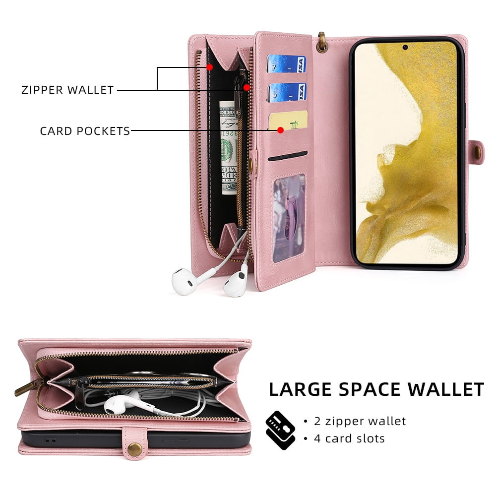 Allytech Case for Samsung S22 Cover for Galaxy S22 2022(6.1"), Durable PU Leather Magnetic Flip Lanyard Wristlet Strap Zipper Card Holder Phone Wallet Case for Galaxy S22 [5G], Pink