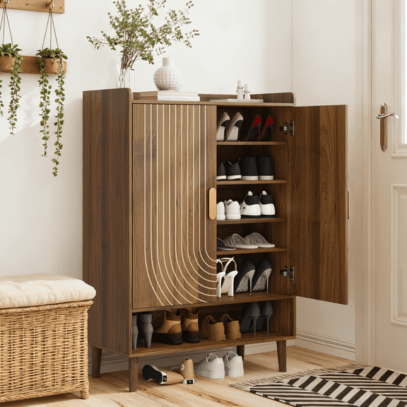 Semiocthome 6-Tier Shoe Cabinet with Line Groove Design and Adjustable Shelves for Entryway, Walnut