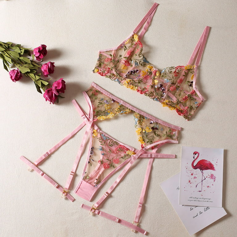 Unlined Embroidered Mesh Bra - Pink floral