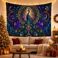 thumbnail image 3 of Jeweled Peacock Within Golden Celestial Filigree, Dramatic Fantasy for Bird Lovers, Royal Home Decor, Housewarming Gift, Tapestry Wall Hanging for Living Room and Bedroom, 3 of 7