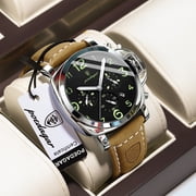 Poedagar Simple Leather Strap Men's Business Waterproof Luminous Calendar Chronograph Quartz Watch