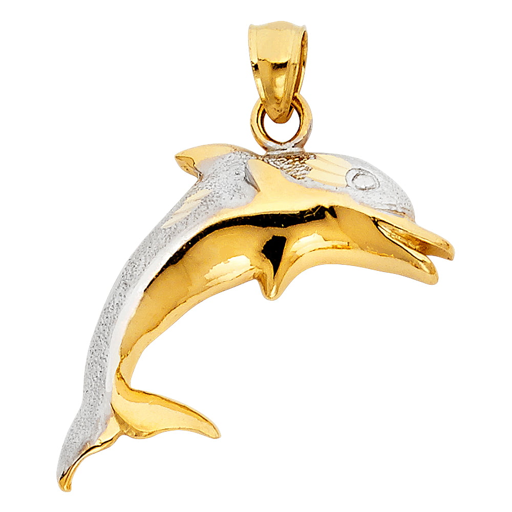 Ioka - 14K Two Tone Gold Dolphin Charm Pendant For Necklace or Chain