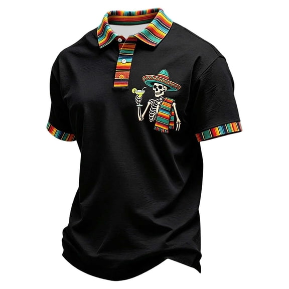 CONZONE Mexican Men's Cinco De Mayo Polo Shirt Short Sleeve Casual Polo Shirts For Men Skeleton Embroidery Collared Mexico May 5Th Golf Shirts