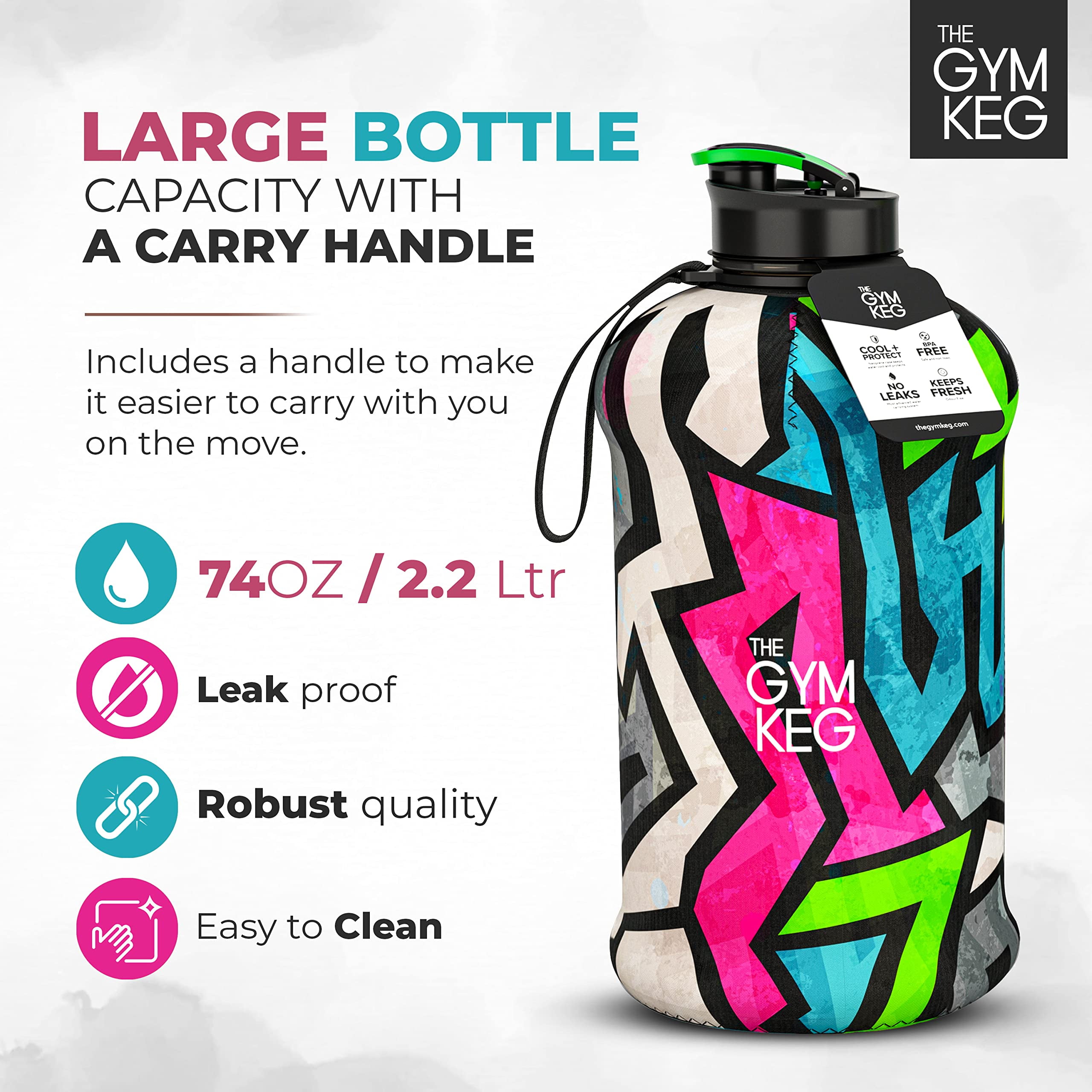 THE GYM KEG - Botella de agua deportiva grande (2.2 lt - 64 onzas) con  aislamiento, medio galón, asa transportadora, reutilizable, ecológica,  plástico