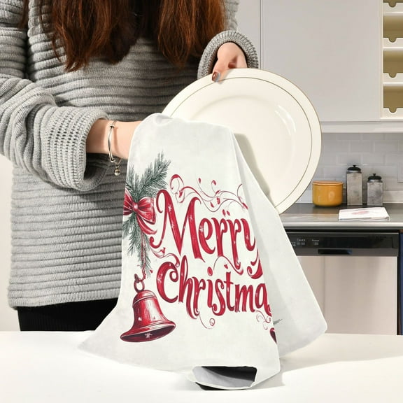 BZSMCE Kitchen Towels Creative Red Merry Christmas Elegant Bell Painting Pattern Durable Kitchen Towel