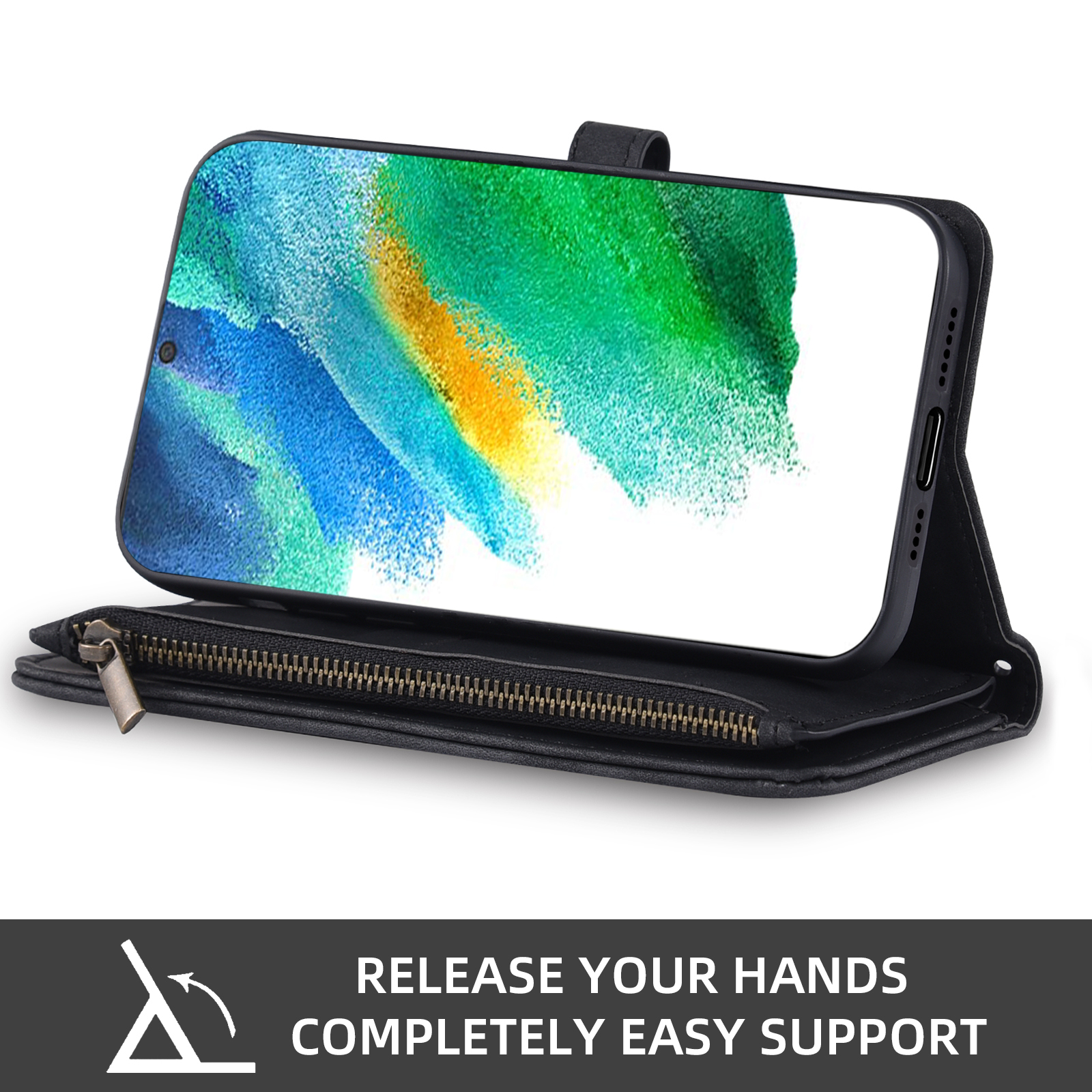 Asuwish Phone Case for Samsung Galaxy S21 FE 5G Wallet Cover With Tempered Glass Screen Protector Wrist Strap Flip Pattern Zipper Card Holder Cell S 21 EF S21FE5G UW S21FE 21S G5 6.4 inch Women Black