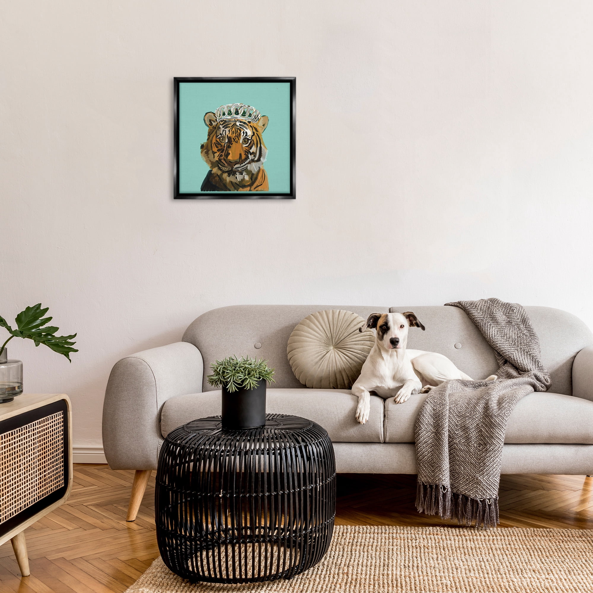 Stupell Industries Tiger Wearing Crown Animals & Insects Painting Black Floater Framed Canvas Art Print Wall Art, 25 x 25