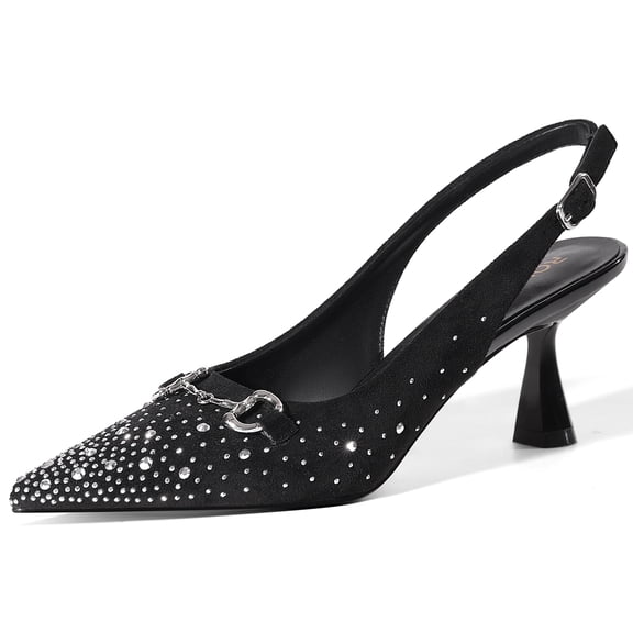 RONILURN Women's Rhinestone Slingback Heels Pointed Toe High Heels with Horsebit Accent Dressy Pumps for Party Evening Wedding