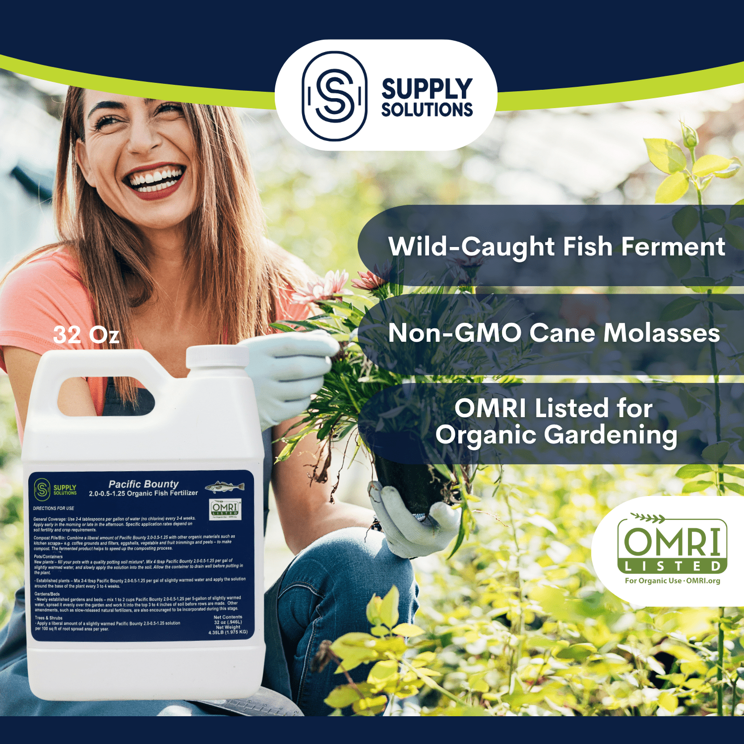 Supply Solutions OMRI Listed Fish Fertilizer for Plants - Organic Fertilizer for Fruits, Trees, Lawns, Shrubs, Flowers, Seeds - Non-GMO (32 Oz)