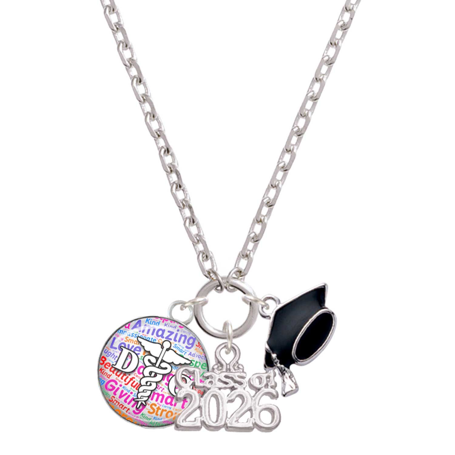 Delight Jewelry Silver-tone Domed Multi Color DO - Class of 2026 Graduation Zoey Charm Necklace, 28"