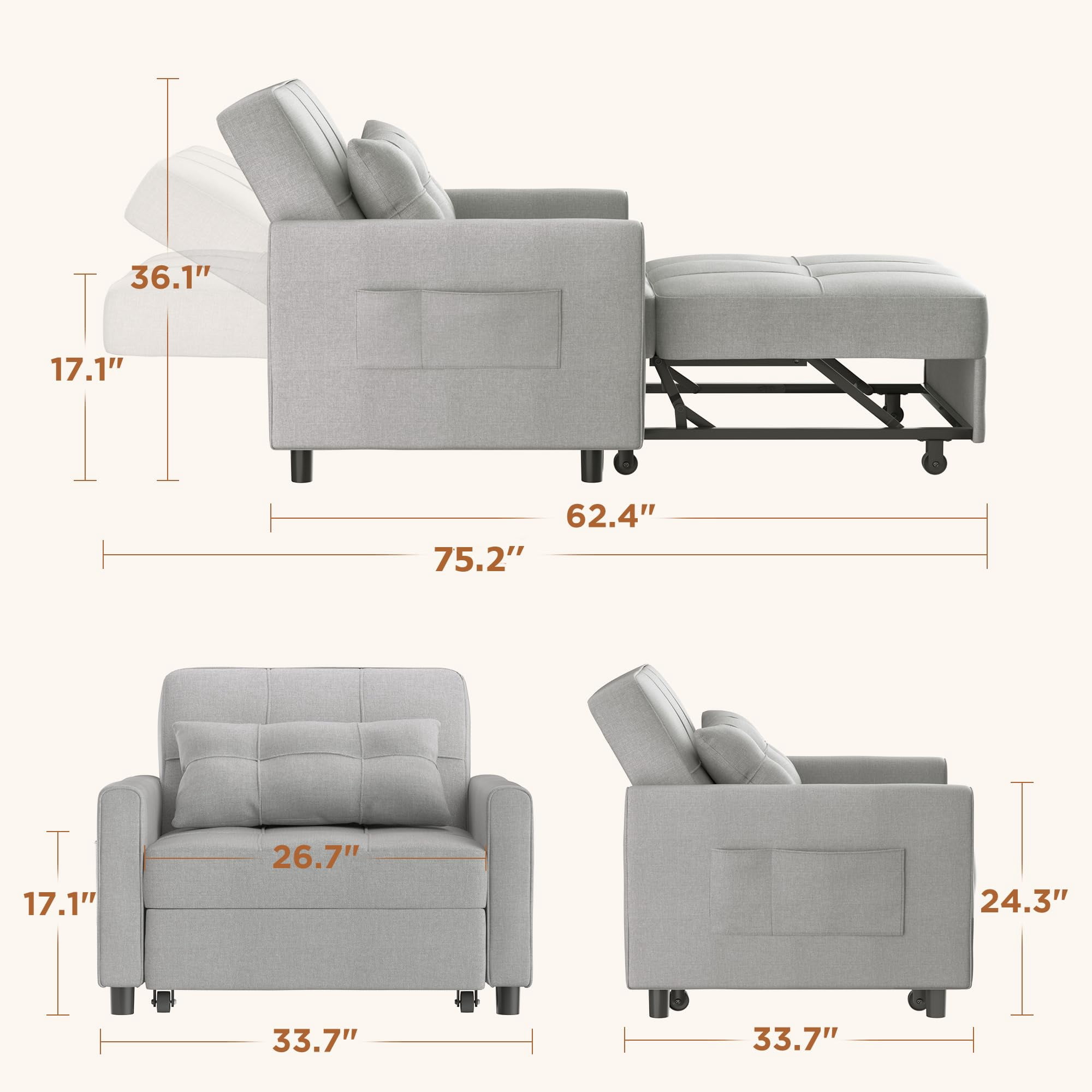 Lofka 74” Sofa Bed Convertible Sleeper Chair Bed for Living Room|Office, Light Gray,1 Count