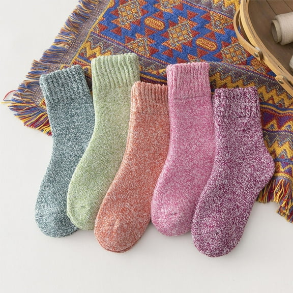 Namzi 5 Pairs Wool Socks Vintage Soft Cabin Warm Socks Thick Knit Cozy Winter Socks-Thickened solid color dark
