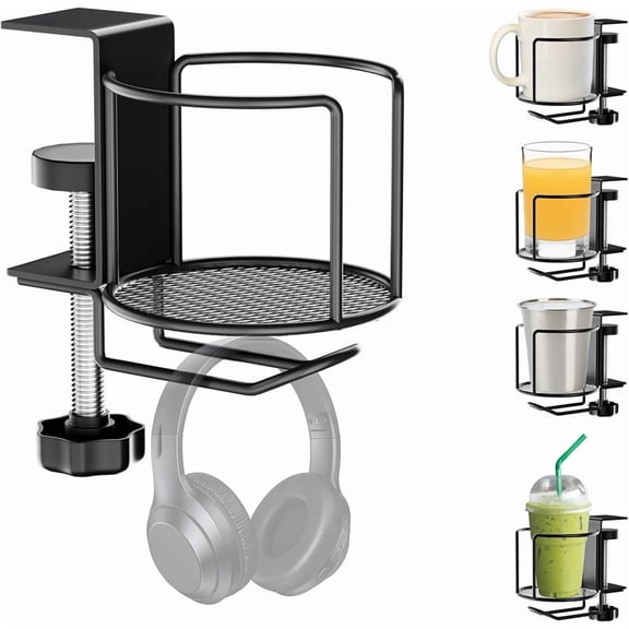 NOGIS 2-in-1 Desk Cup Holder,Anti-Spill Table Water Bottle Holder,Clamp On Table Stainless Steel Drinking Holder,Compatible with Universal Cups/Bottles/Mugs/Cans/Tumblers/Thermoses/Glass