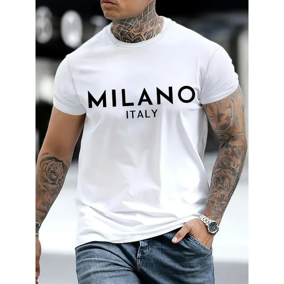 1pc Men's Cotton T-Shirt with Milano Italy Letter Print - Breathable Summer & Autumn Casual Shirt, Slightly Elastic Round Neck, Machine Washable Regular Fit Short Sleeve Tee, Casual Attire