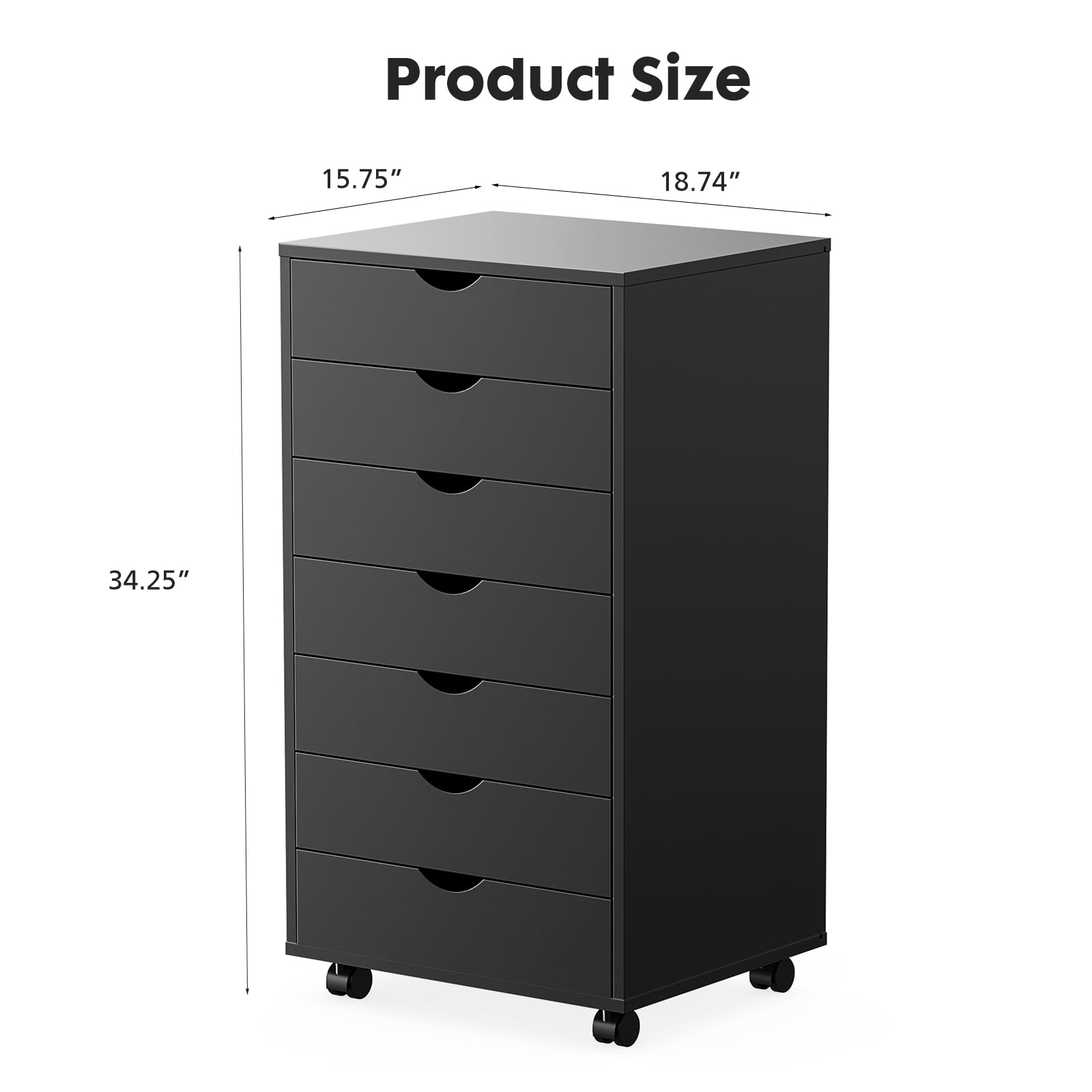 JOINSUN 7-Drawer Dresser, Wood Storage File Cabinet with Wheels and Drawer Organizer for Bedroom Closet, Black