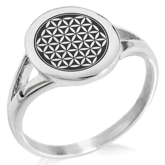 Stainless Steel Flower of Life Minimalist Oval Top Polished Statement Signet Ring
