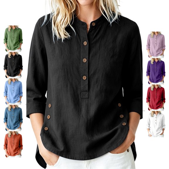 TGSLY Henley Tops for Women Lightweight Soft Half Button Down 3/4 Sleeve Shirts Loose Fit Dressy Casual Button Side Split Hem Solid Color Blouses XL