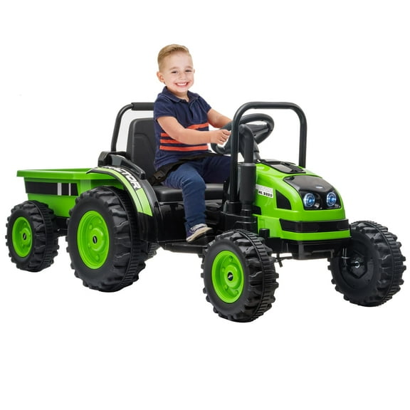 TROPOW Kids Cars Electric Ride On Toys,12V Kids Ride On Tractor with Trailer 6 Wheels, Battery Powered Electric Vehicle Car with Remote Control, Music LED Light,35W Dual Motors, Safety Belt,Green