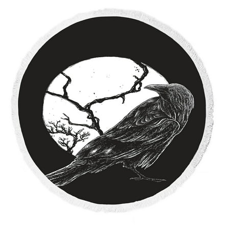 ABPHQTO Raven Full Moon Round Beach Blanket with Tassels Beach Throw Towel Yoga Mat Picnic Blanket