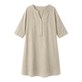 thumbnail image 5 of Women Casual V-Neck Linen Dress with Pockets, Solid 3/4 Sleeve, 5 of 5