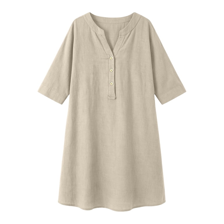 ladies khaki dresses asdoklhq Maxi Gowns and Evening Casual V-Neck Linen Pockets Dress 3/4 Sleeve Dress S A-Line Wedding Dress