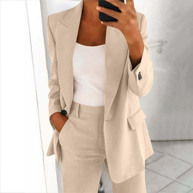 Soki Ensemble Blazer 2 Pcs pour Femmes Bouton devant Manches Longues Blazer et Pantalon Ensemble de Costumes de Bureau Solide