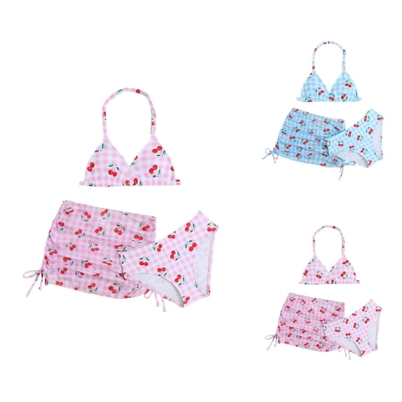 Girls Swimsuit Cherry Print Bikini Girls Cute Two Piece Swimwear with Rash Guard Top and Bottom Fun Graphic Bathing Suit for Summer Vacation