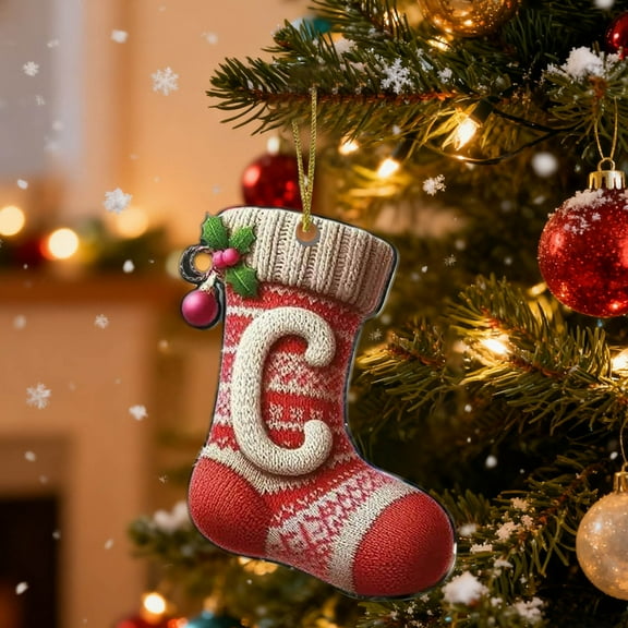 Taicans Personalized Initial Xmas Tree Ornament,Acrylic Christmas Stocking Ornaments with A-Z Letter,Snowflake & Bow Decorations,Shatterproof Holiday Decor for Christmas Tree