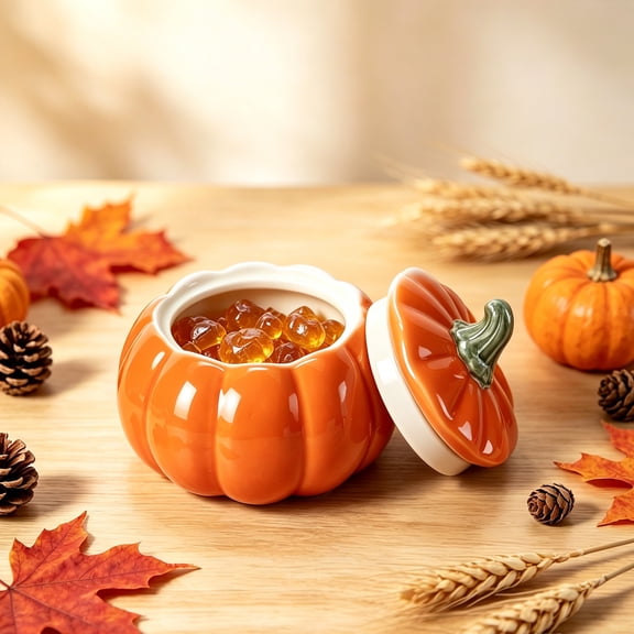 Halloween Cute Ceramic Pumpkin Candle Holder Decor with Lid, Heavy Duty Sturdy Vivid Color Pumpkin Shaped Storage Container for Fall Mantel Home Office Holiday Candy Vanity Table Decor (No Candles)