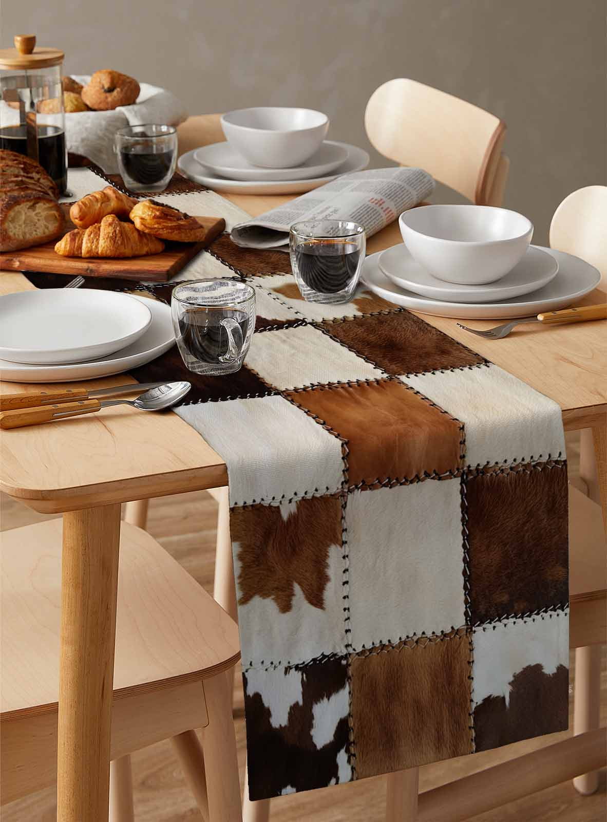 Abstract Cowhides Table Runner Brown Beige Animal Fur Texture Tablerunners 18 x 72 Inch, Table Decorations Tabletop Scarf for Summer Gathering Holiday Farmhouse Kitchen Dining Decor