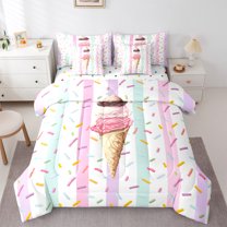 Homewish Ice Cream Popsicle 7-Piece Twin Bedding Sets for Boys Girls Teens,Kawaii Fast Food Bedding Comforter Set,Cartoon Geometric Stripes Breathable Sheet Sets,Ultra Soft Home Decor,Reversible