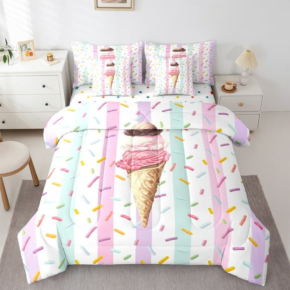 Homewish Ice Cream Popsicle 7-Piece Twin Bedding Sets for Boys Girls Teens,Kawaii Fast Food Bedding Comforter Set,Cartoon Geometric Stripes Breathable Sheet Sets,Ultra Soft Home Decor,Reversible