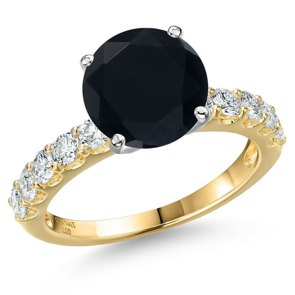 Gem Stone King 14K Two Tone Gold Black Onyx and Lab Grown Diamond Engagement Ring for Women | 3.65 Cttw | Round 10MM | Gemstone December Birthstone | Size 6