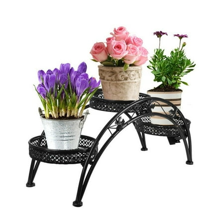 Wrought Iron Telephone Table Dazone Wrought Iron Pot Plant Stand for Three Plants Indoor or Outdoor Garden Patio Decor Arch Design ()