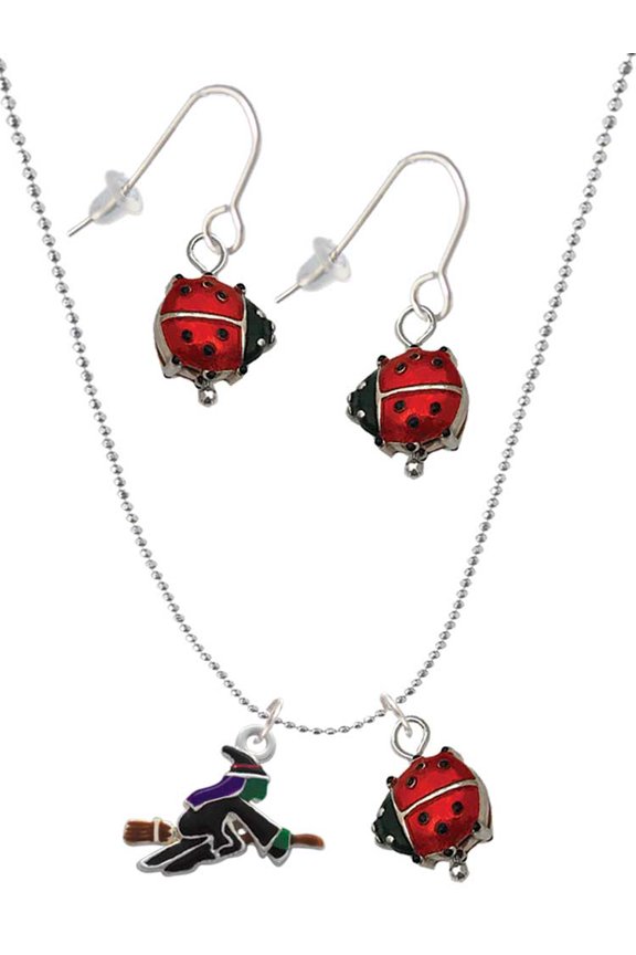 Silvertone Flying Witch Red Lucky Ladybug Necklace and Dangle Earrings Set