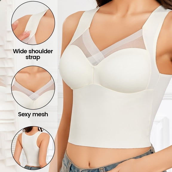 PInxai Longline Bras for Women Mesh Wide Straps Breathable Smoothing Back Bras Comfy Supportive Built in Bra Tank Tops,White,XL