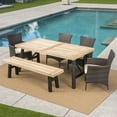 thumbnail image 3 of GDF Studio Bruna Outdoor Wicker and Acacia Wood 6 Piece Dining Set with Bench, Brushed Gray, Multibrown, and Beige, 3 of 7