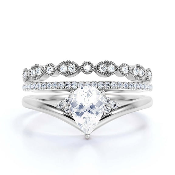Gorgeous Minimalist 2.25 Carat Pear Cut Diamond Moissanite Unique Engagement Ring, Affordable Wedding Ring, Two Matching Band in 10k Solid White Gold Gift For Her Love, Trio Ring Set