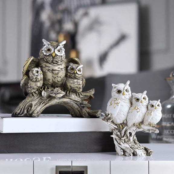 KGJQ Owl Family Resin Figurines, Rustic Tree Branch Animal Statues, American Country Home Decor for Living Room TV Stand Bookshelf Bedroom, Unique Housewarming Gift