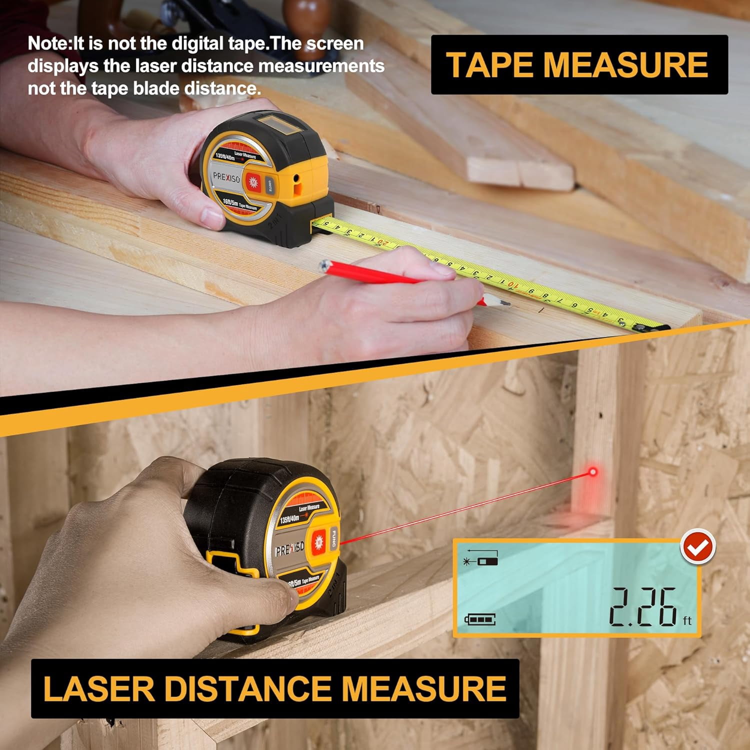 PREXISO 2-in-1 Laser Tape Measure, 135 ft Laser Measurement Tool & 16 ft Measuring Tape with Auto Lock & Movable Magnetic Hook - Pythagorean, Area, Volume-NOT Digital