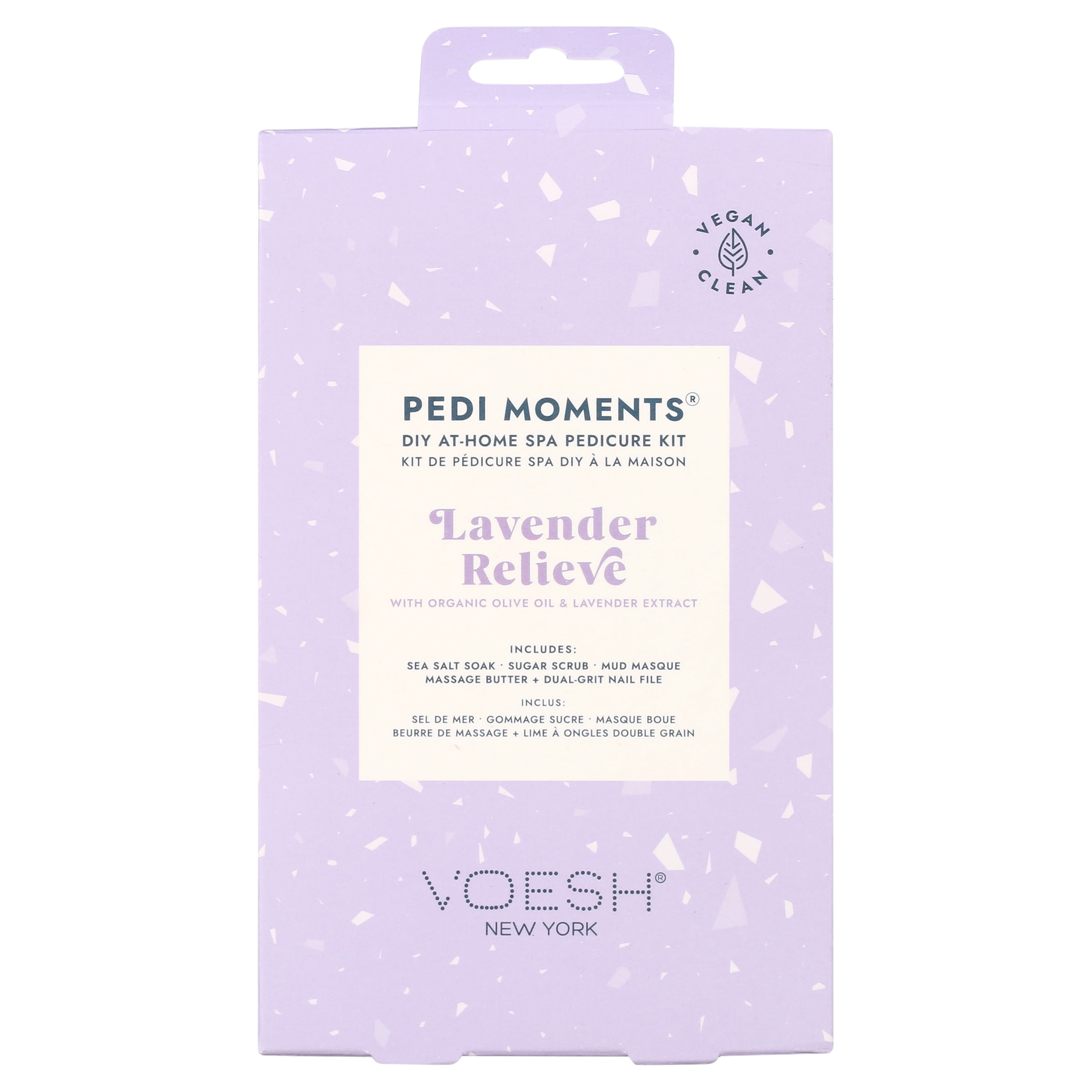 (3 pack) VOESH Pedi Moments 4 Step Pedicure Kit in Lavender Relieve:  Includes - Sea Salt Soak, Sugar Scrub, Mud Masque, Massage Butter and Dual Grit Nail File