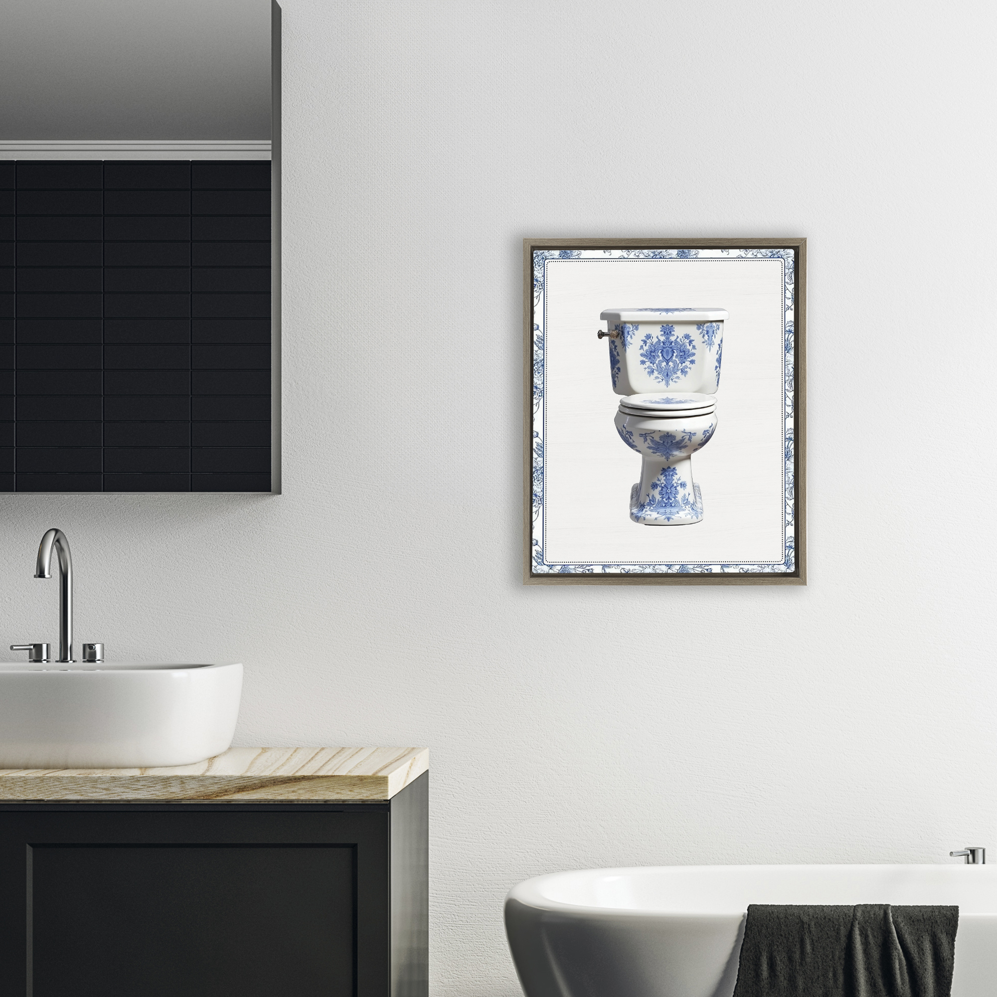 Vintage Chinoiserie Toilet Brown Framed Floater Canvas Wall Art, design by Lettered and Lined