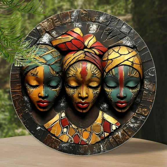 Vintage African Mask Round Aluminum Wall Art - 8x8 Inch, Handcrafted Metal Sign with Vibrant Colors & Intricate Designs, Perfect for Home, Office, Café, or Party Decor, Ideal Holiday Gift