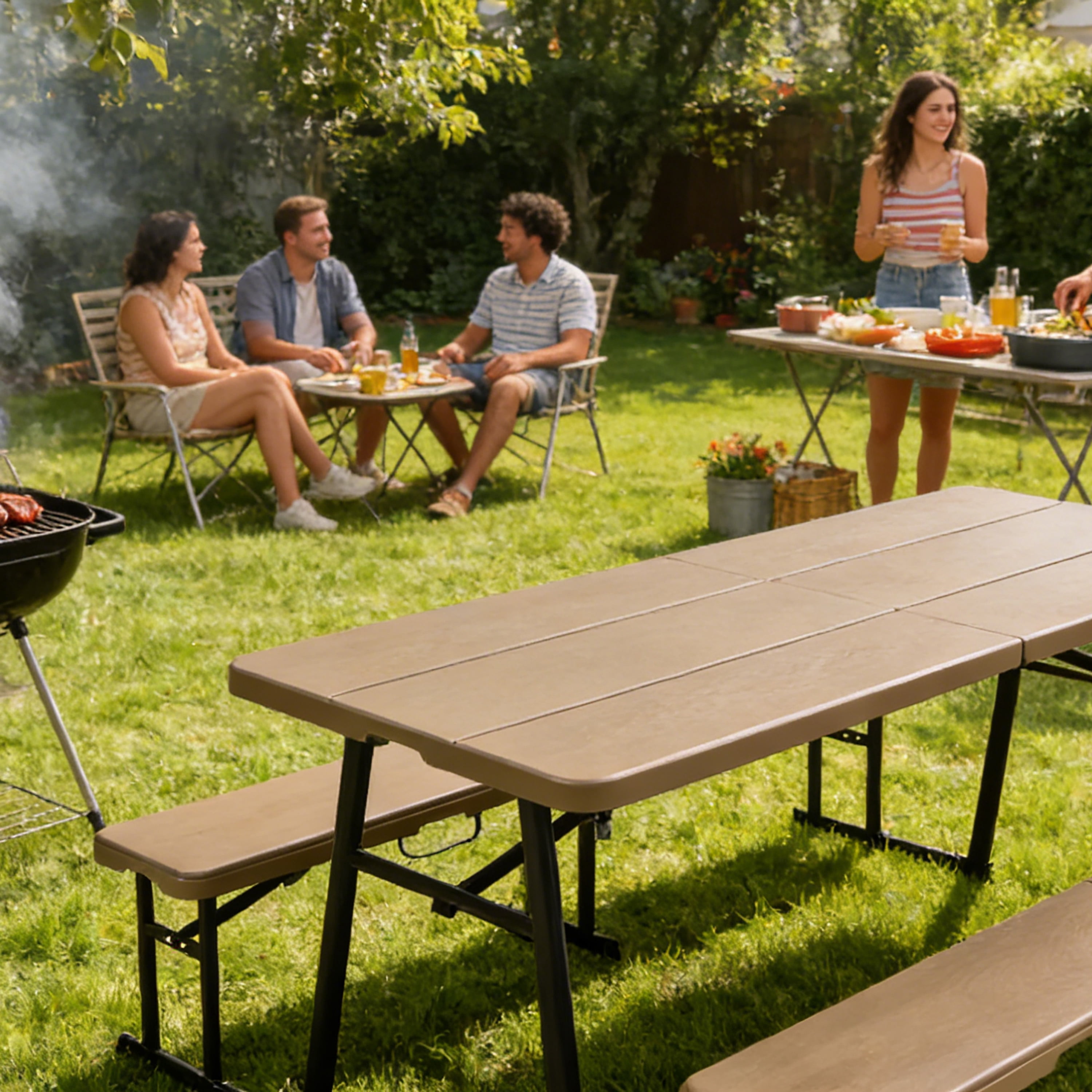 (2 pack) Living & More 3-Piece Folding Picnic Table Set, 6 ft Polyethylene Table with 2 Folding Benches, Dark Brown