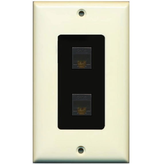 RiteAV Decorative 1 Gang 2 Port Cat6 Wall Plate - Light Almond/Black - Bracket Included