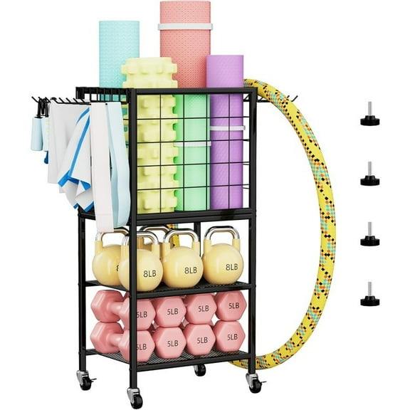 Home Gym Weight Storage Rack With Yoga Mat Holder And Wheels – Practical Organizer For Dumbbells, Resistance Bands, And Yoga Blocks, Perfect For Small Spaces, Utility Racks